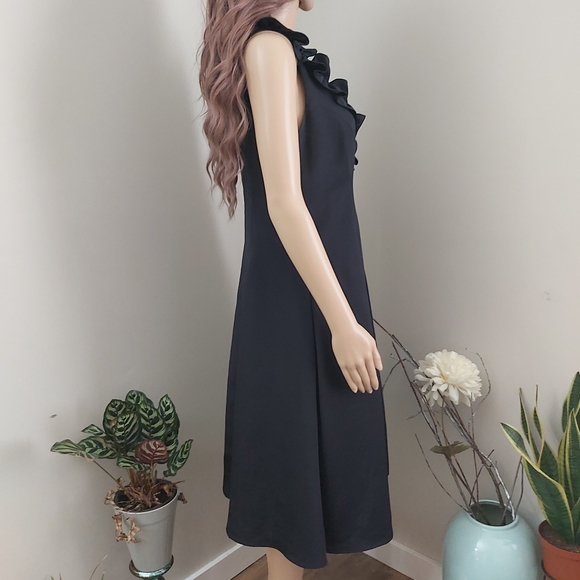 Eliza J ruffled V neck fit and flare midi dress sleeveless blue black - Picture 5 of 14